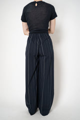 Peter O. Mahler  Cotton Pull-On Style Straight Wide Leg Trousers in Navy Pinstripe Print Vancouver. Shop Online or in Store.