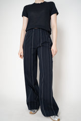 Peter O. Mahler  Cotton Pull-On Style Straight Wide Leg Trousers in Navy Pinstripe Print Vancouver. Shop Online or in Store.