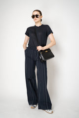 Peter O. Mahler  Cotton Pull-On Style Straight Wide Leg Trousers in Navy Pinstripe Print Vancouver. Shop Online or in Store.