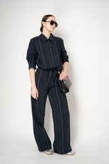 Peter O. Mahler  Cotton Pull-On Style Straight Wide Leg Trousers in Navy Pinstripe Print Vancouver. Shop Online or in Store.