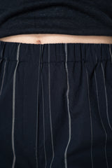 Peter O. Mahler  Cotton Pull-On Style Straight Wide Leg Trousers in Navy Pinstripe Print Vancouver. Shop Online or in Store.