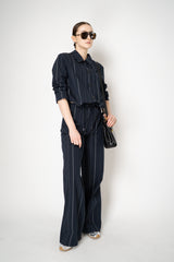 Peter O. Mahler  Cotton Pull-On Style Straight Wide Leg Trousers in Navy Pinstripe Print Vancouver. Shop Online or in Store.