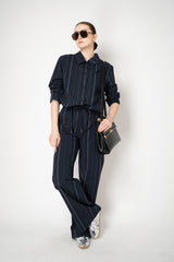 Peter O. Mahler  Cotton Pull-On Style Straight Wide Leg Trousers in Navy Pinstripe Print Vancouver. Shop Online or in Store.