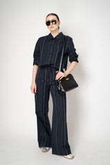 Peter O. Mahler  Cotton Pull-On Style Straight Wide Leg Trousers in Navy Pinstripe Print Vancouver. Shop Online or in Store.