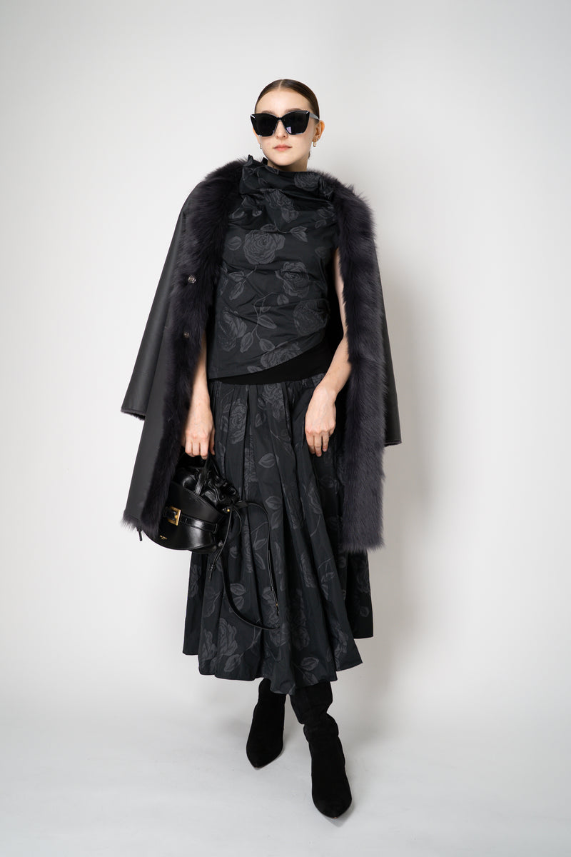 Peter O. Mahler Crash Pleated A-Line Skirt in Grey and Black Floral Print Vancouver. Shop Online or in Store. 