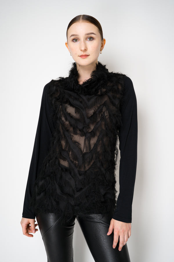 Peter O. Mahler High Neck Fringed Long Sleeve Jersey Top in Black Vancouver. Shop Online or in Store.