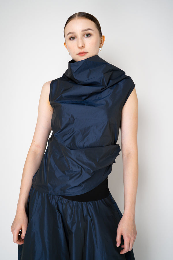 Peter O. Mahler Sleeveless Taffeta High Neck Top in Blue Shot Black Vancouver. Shop Online or in Store. 