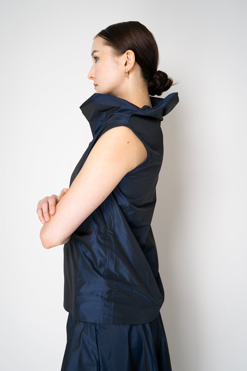 Peter O. Mahler Sleeveless Taffeta High Neck Top in Blue Shot Black Vancouver. Shop Online or in Store. 
