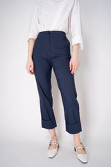 Peter O. Mahler Tapered Linen Trousers with Turned Cuffs in NavyVancouver. Shop Online or in Store