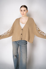 Philosophy di Lorenzo Serafini Cashmere Knit Cardigan with Lace Embroidery in Camel Vancouver. Shop Online or in Store.