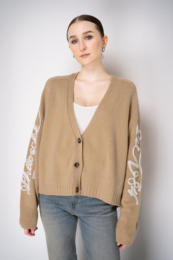 Philosophy di Lorenzo Serafini Cashmere Knit Cardigan with Lace Embroidery in Camel Vancouver. Shop Online or in Store.