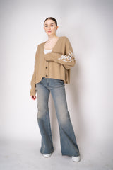 Philosophy di Lorenzo Serafini Cashmere Knit Cardigan with Lace Embroidery in Camel Vancouver. Shop Online or in Store.