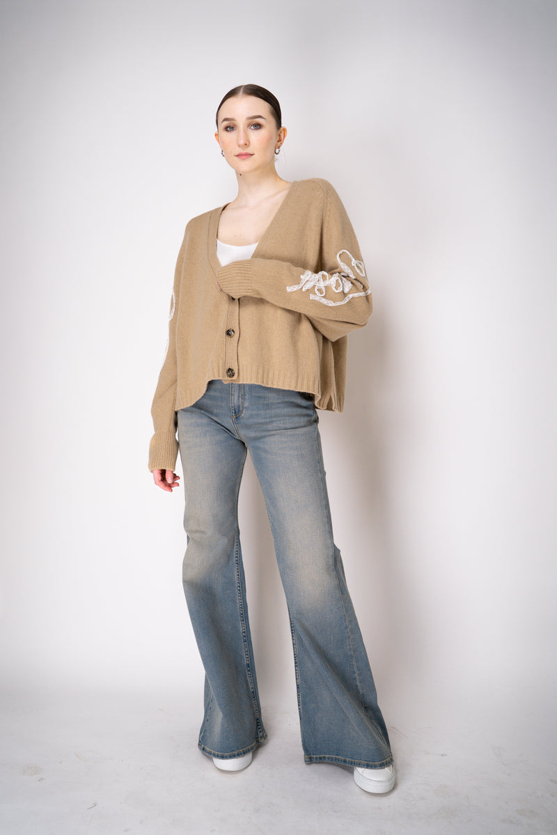Philosophy di Lorenzo Serafini Cashmere Knit Cardigan with Lace Embroidery in Camel Vancouver. Shop Online or in Store.