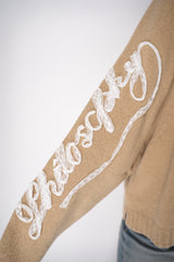 Philosophy di Lorenzo Serafini Cashmere Knit Cardigan with Lace Embroidery in Camel Vancouver. Shop Online or in Store.