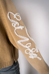 Philosophy di Lorenzo Serafini Cashmere Knit Cardigan with Lace Embroidery in Camel Vancouver. Shop Online or in Store.