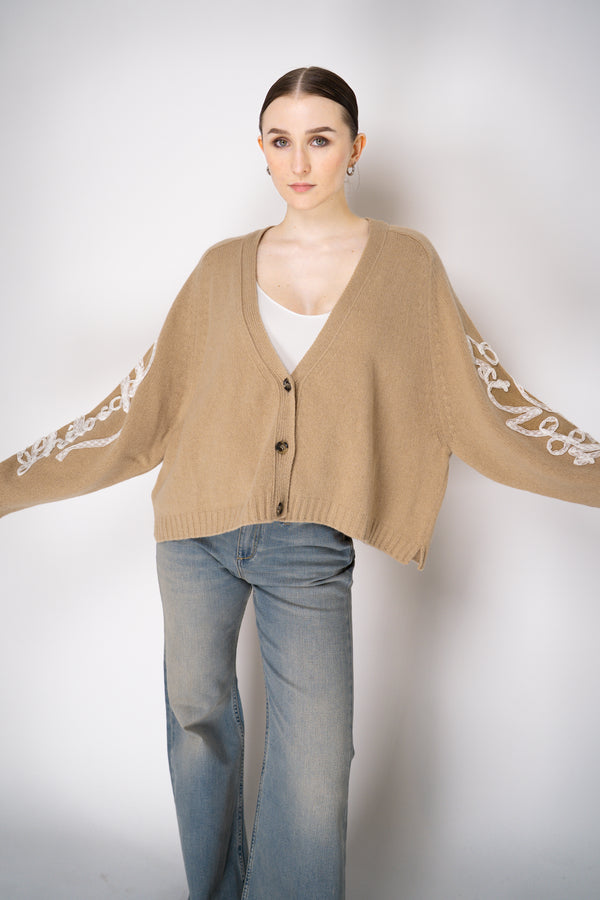 Philosophy di Lorenzo Serafini Cashmere Knit Cardigan with Lace Embroidery in Camel Vancouver. Shop Online or in Store.