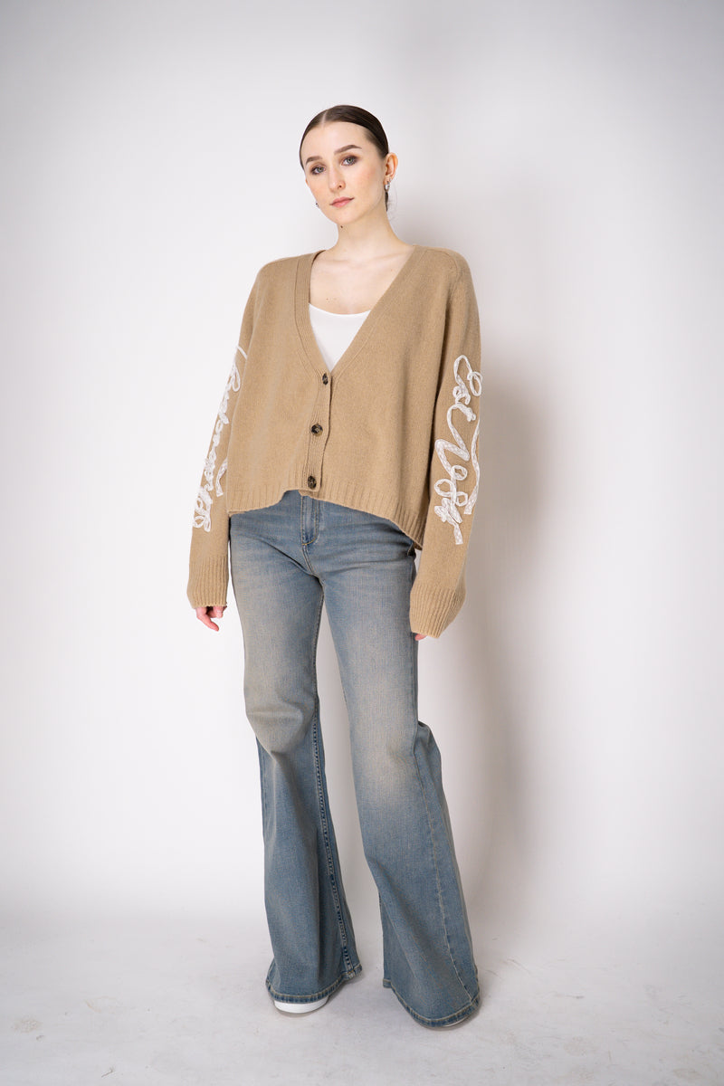 Philosophy di Lorenzo Serafini Cashmere Knit Cardigan with Lace Embroidery in Camel Vancouver. Shop Online or in Store.