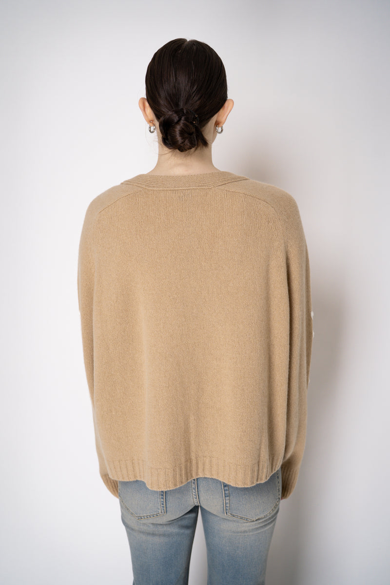 Philosophy di Lorenzo Serafini Cashmere Knit Cardigan with Lace Embroidery in Camel Vancouver. Shop Online or in Store.