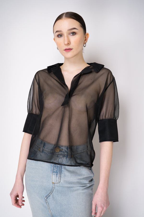 Philosophy di Lorenzo Serafini V-Neck Short Sleeve Top with Ruffle Neckline in Black Vancouver. Shop Online or in Store.