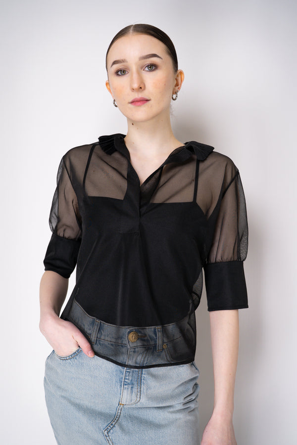 Philosophy di Lorenzo Serafini V-Neck Short Sleeve Top with Ruffle Neckline in Black Vancouver. Shop Online or in Store.