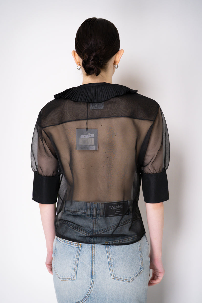 Philosophy di Lorenzo Serafini V-Neck Short Sleeve Top with Ruffle Neckline in Black Vancouver. Shop Online or in Store.