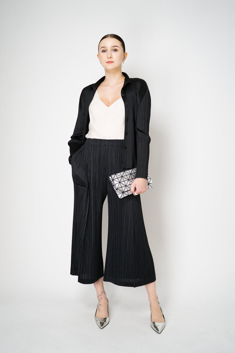 Pleats Please Issey Miyake Basics Collared Button-Up Jacket in Black Vancouver. Shop Online or in Store.