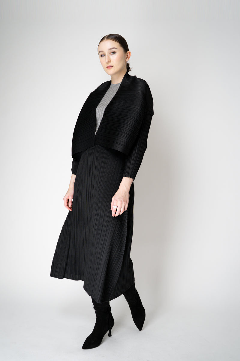 Pleats Please Issey Miyake Basics Cropped Open Front Cardigan in Black Vancouver. Shop Online or in Store.