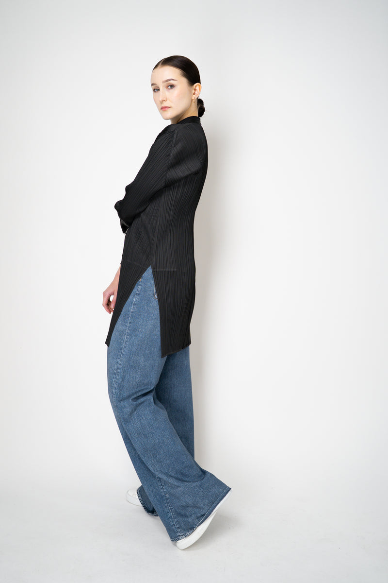 Pleats Please Issey Miyake Button-Up Cardigan Jacket in Black Vancouver. Shop Online or in Store.