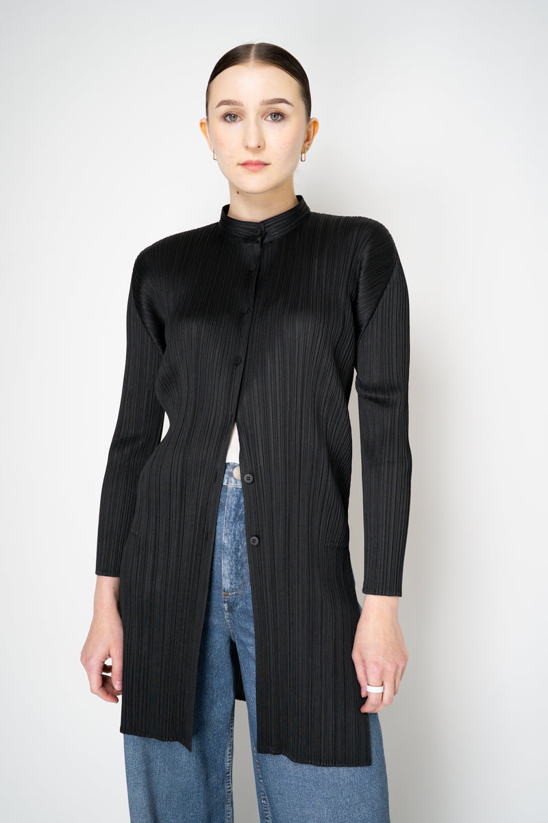 Pleats Please Issey Miyake Button-Up Cardigan Jacket in Black Vancouver. Shop Online or in Store.
