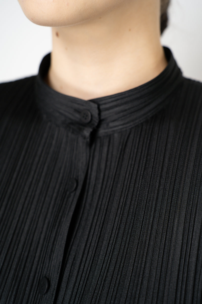Pleats Please Issey Miyake Button-Up Cardigan Jacket in Black Vancouver. Shop Online or in Store.