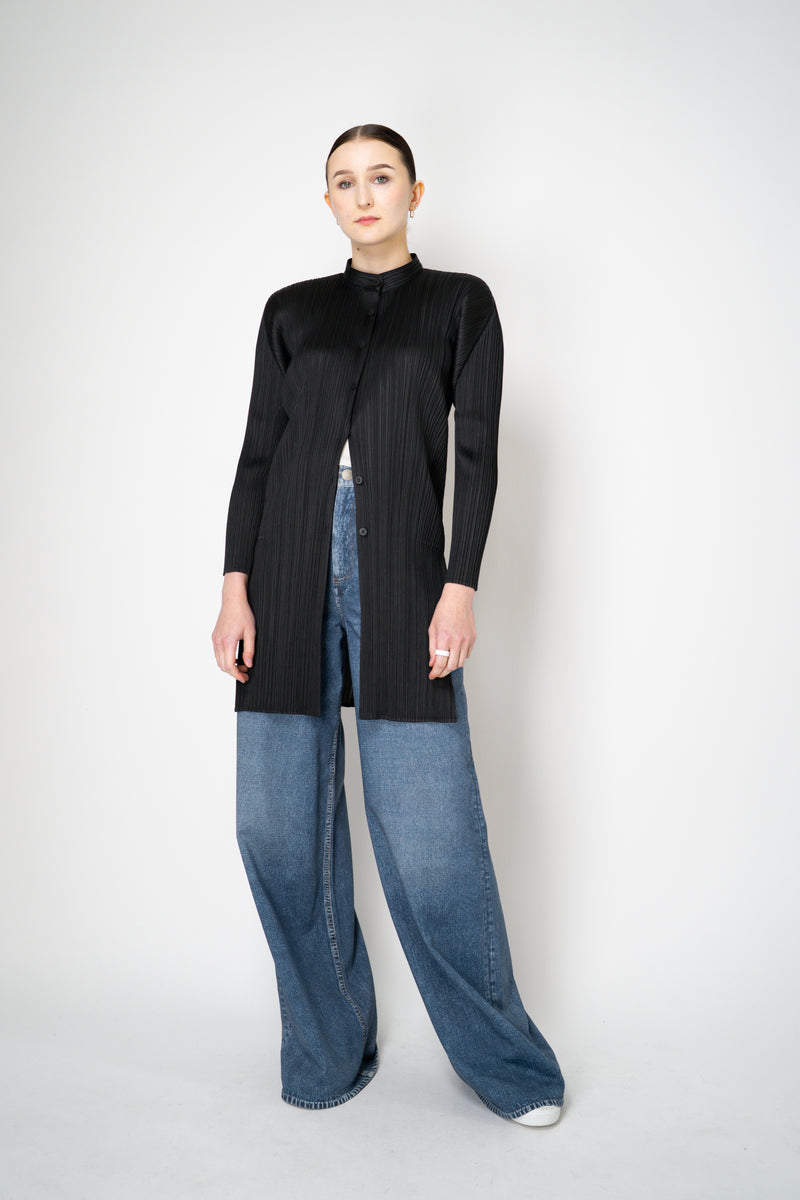 Pleats Please Issey Miyake Button-Up Cardigan Jacket in Black Vancouver. Shop Online or in Store.