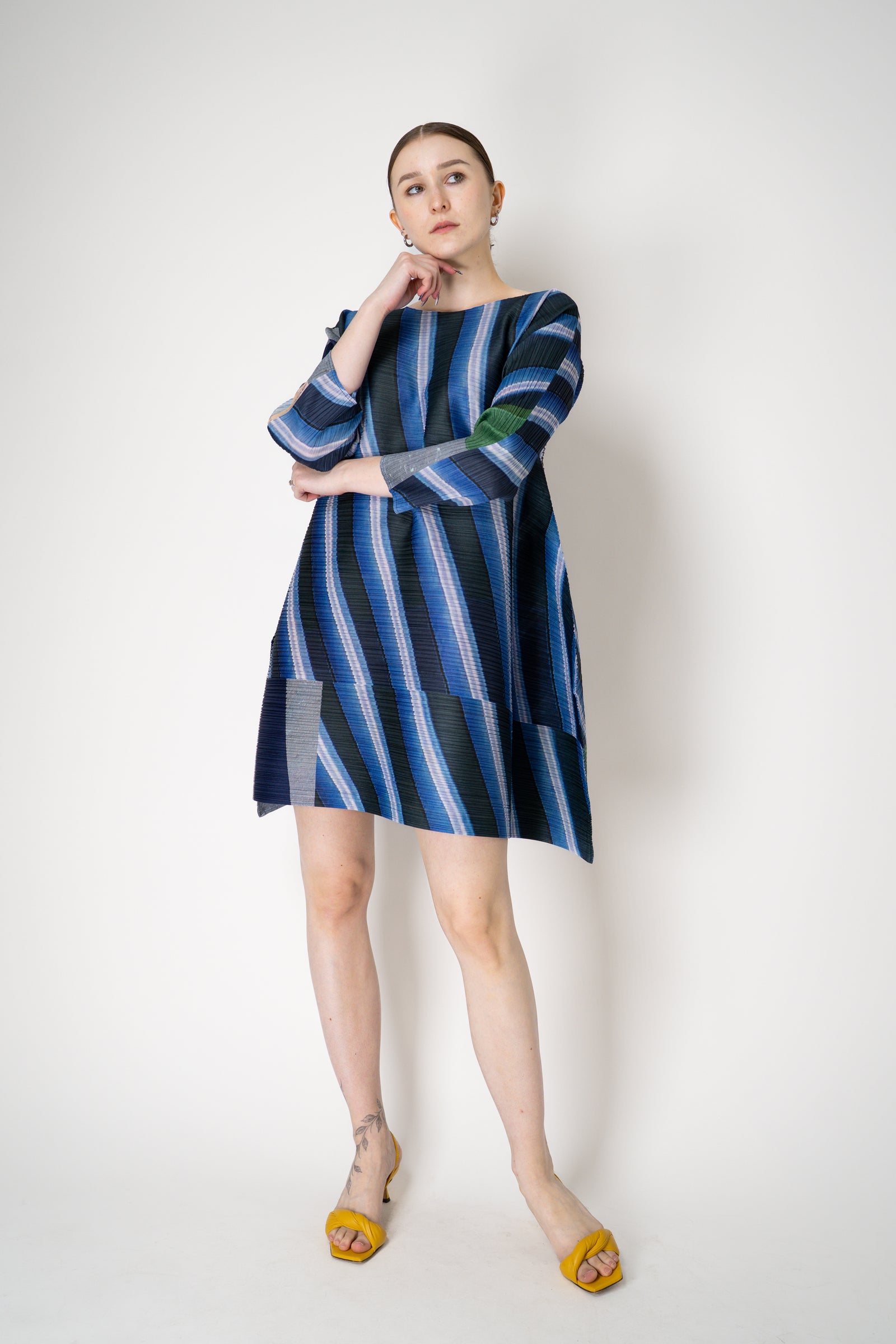 Pleats Please Issey Miyake City Collage Bounce Tunic Dress in Navy Blue Print