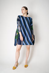 Pleats Please Issey Miyake City Collage Bounce Tunic Dress in Navy Blue Print Vancouver. Shop Online or in Store.