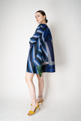 Pleats Please Issey Miyake City Collage Bounce Tunic Dress in Navy Blue Print Vancouver. Shop Online or in Store.