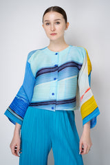 Pleats Please Issey Miyake City Collage Cropped Cardigan in Light Blue Print Vancouver. Shop Online or in Store.