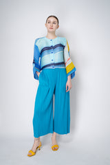 Pleats Please Issey Miyake City Collage Cropped Cardigan in Light Blue Print Vancouver. Shop Online or in Store.