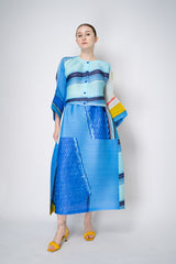 Pleats Please Issey Miyake City Collage Cropped Cardigan in Light Blue Print Vancouver. Shop Online or in Store.