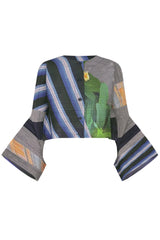 Pleats Please Issey Miyake City Collage Cropped Cardigan in Navy Blue Print Vancouver. Shop Online or in Store.