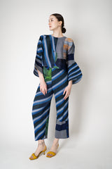 Pleats Please Issey Miyake City Collage Cropped Cardigan in Navy Blue Print Vancouver. Shop Online or in Store.