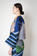 Pleats Please Issey Miyake City Collage Cropped Cardigan in Navy Blue Print Vancouver. Shop Online or in Store.