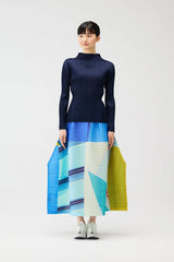 Pleats Please Issey Miyake City Collage Maxi Skirt in Light Blue Print Vancouver. Shop Online or in Store.