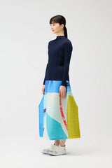 Pleats Please Issey Miyake City Collage Maxi Skirt in Light Blue Print Vancouver. Shop Online or in Store.