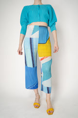 Pleats Please Issey Miyake City Collage Straight Leg Pants in Light Blue print Vancouver. Shop Online or in Store.