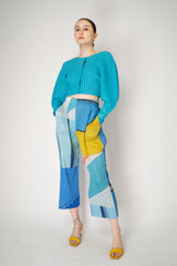 Pleats Please Issey Miyake City Collage Straight Leg Pants in Light Blue print Vancouver. Shop Online or in Store.