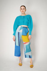 Pleats Please Issey Miyake City Collage Straight Leg Pants in Light Blue print Vancouver. Shop Online or in Store.