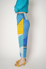 Pleats Please Issey Miyake City Collage Straight Leg Pants in Light Blue print Vancouver. Shop Online or in Store.