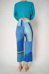Pleats Please Issey Miyake City Collage Straight Leg Pants in Light Blue print Vancouver. Shop Online or in Store.
