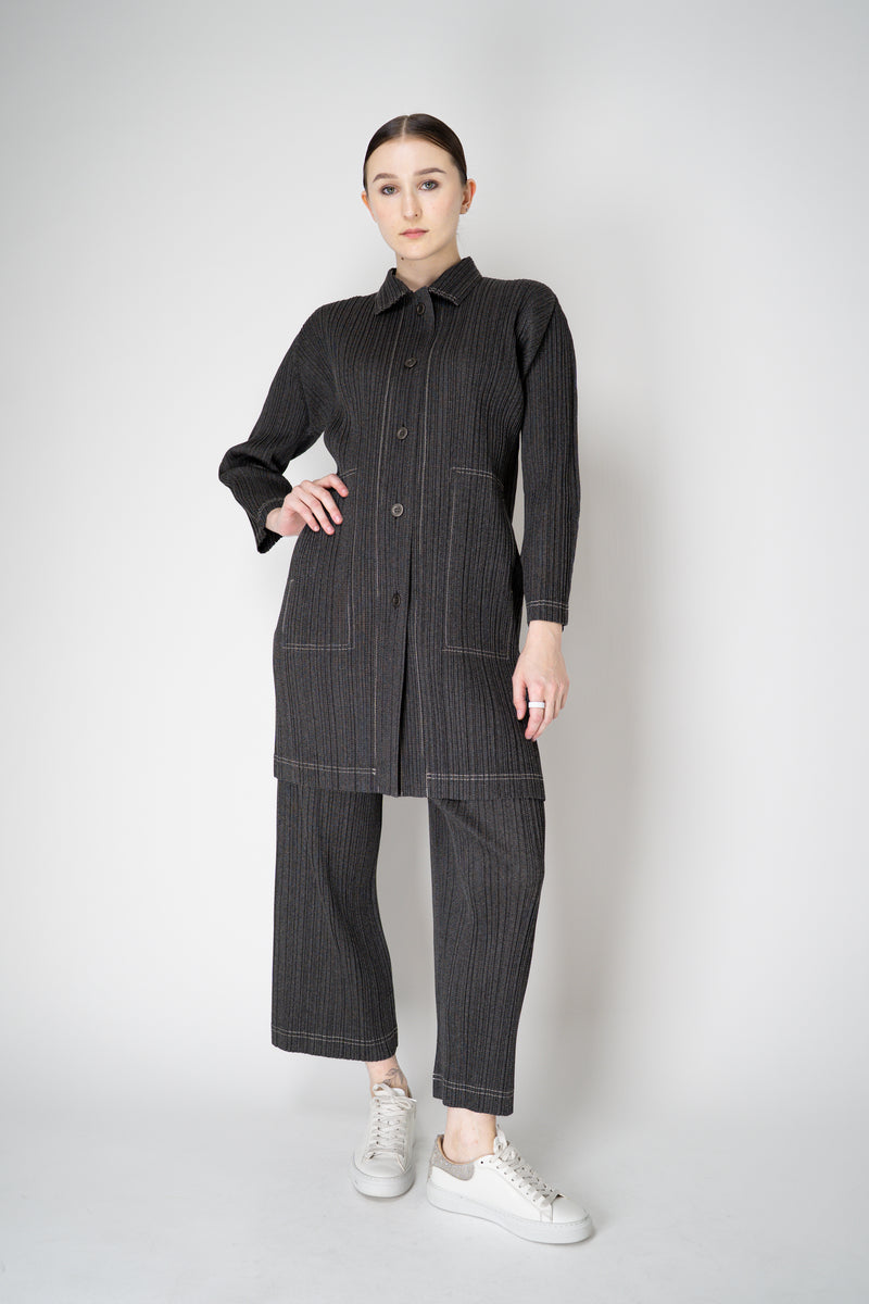 Pleats Please Issey Miyake Cotton Denim Collared Coat in Dark Grey Wash Vancouver. Shop Online or in Store.