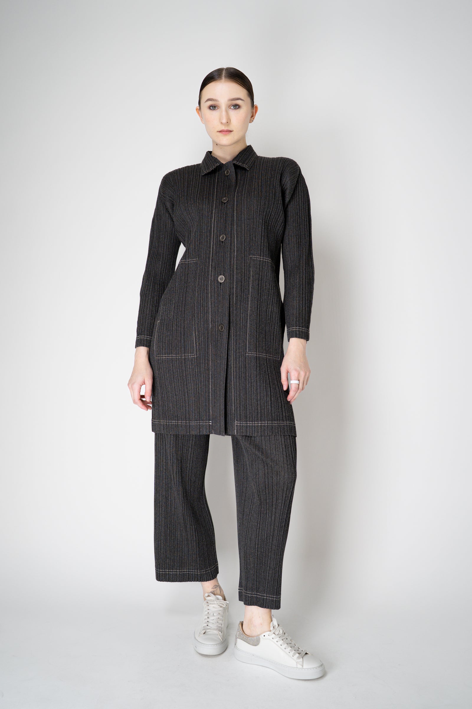 Pleats Please Issey Miyake Cotton Denim Collared Coat in Dark Grey