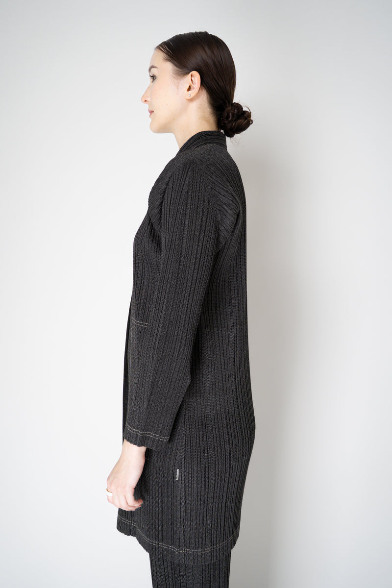 Pleats Please Issey Miyake Cotton Denim Collared Coat in Dark Grey Wash Vancouver. Shop Online or in Store.